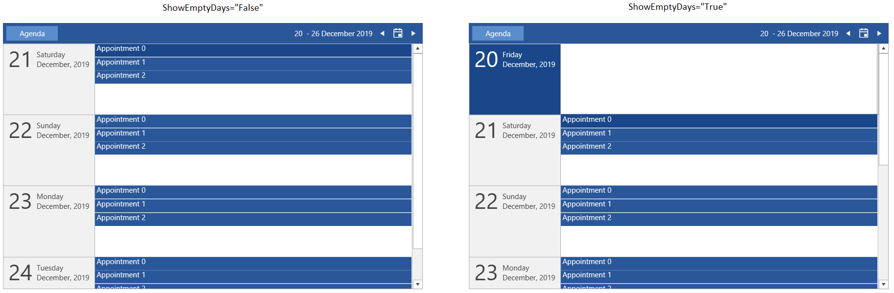 WPF RadScheduleView Setting ShowEmptyDays with appointments (comparison)