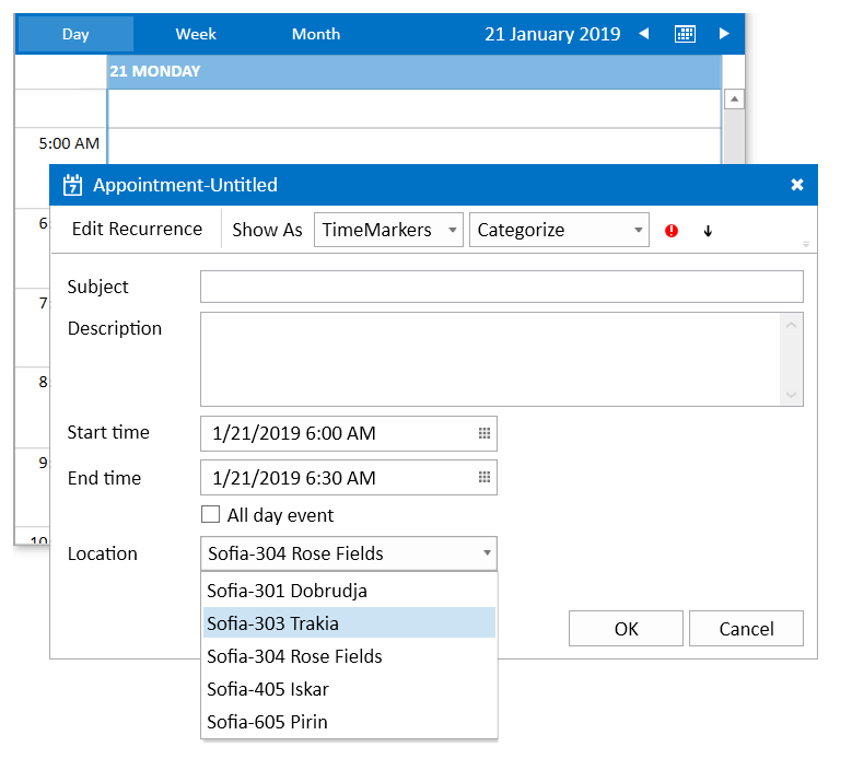 WPF RadScheduleView Edit appointment dialog with an additional combobox for the Location of the appointment.