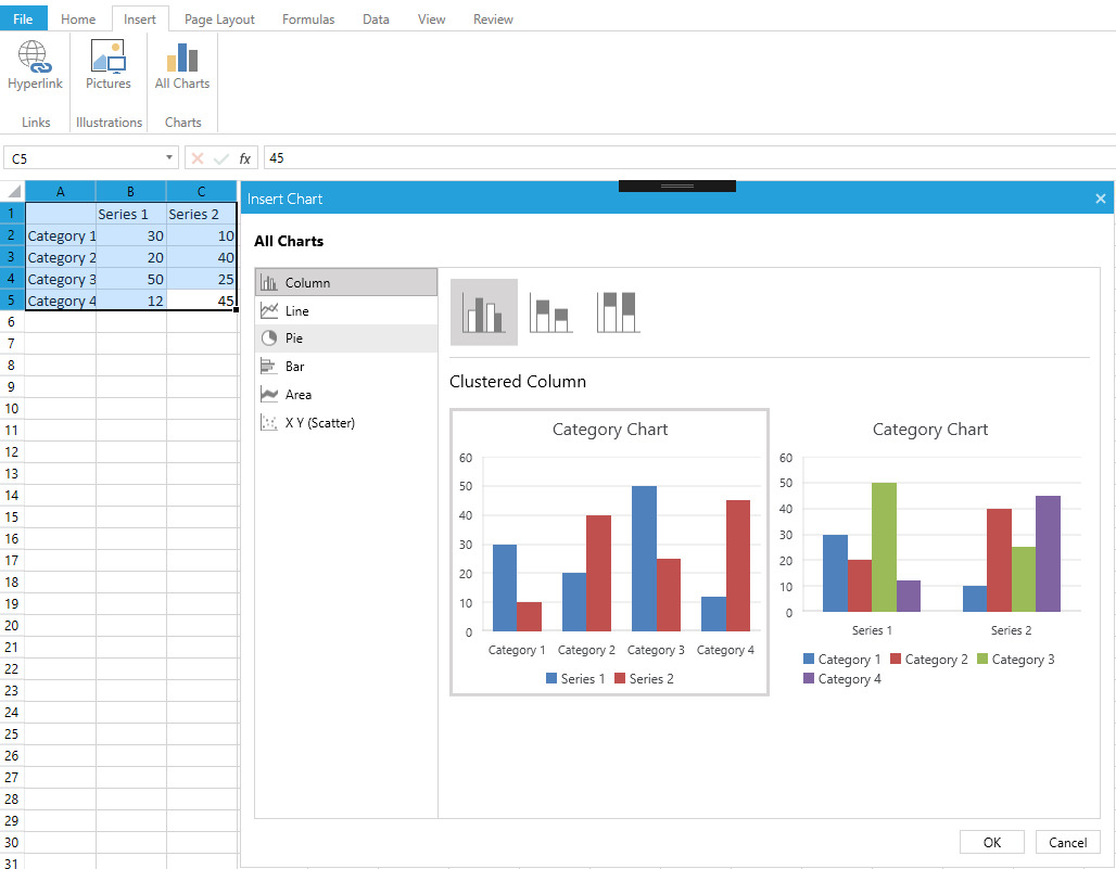 WPF RadSpreadsheet Insert Chart dialog