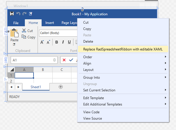 Replace RadSpreadsheetRibbon with Editable XAML option of the Visual Studio Designer's context menu