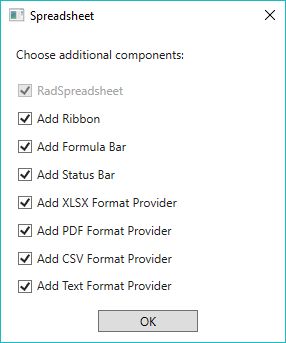 Choose the components you would like to add to RadSpreadsheet