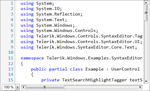 RadSyntaxEditor with a registered CSharpTagger