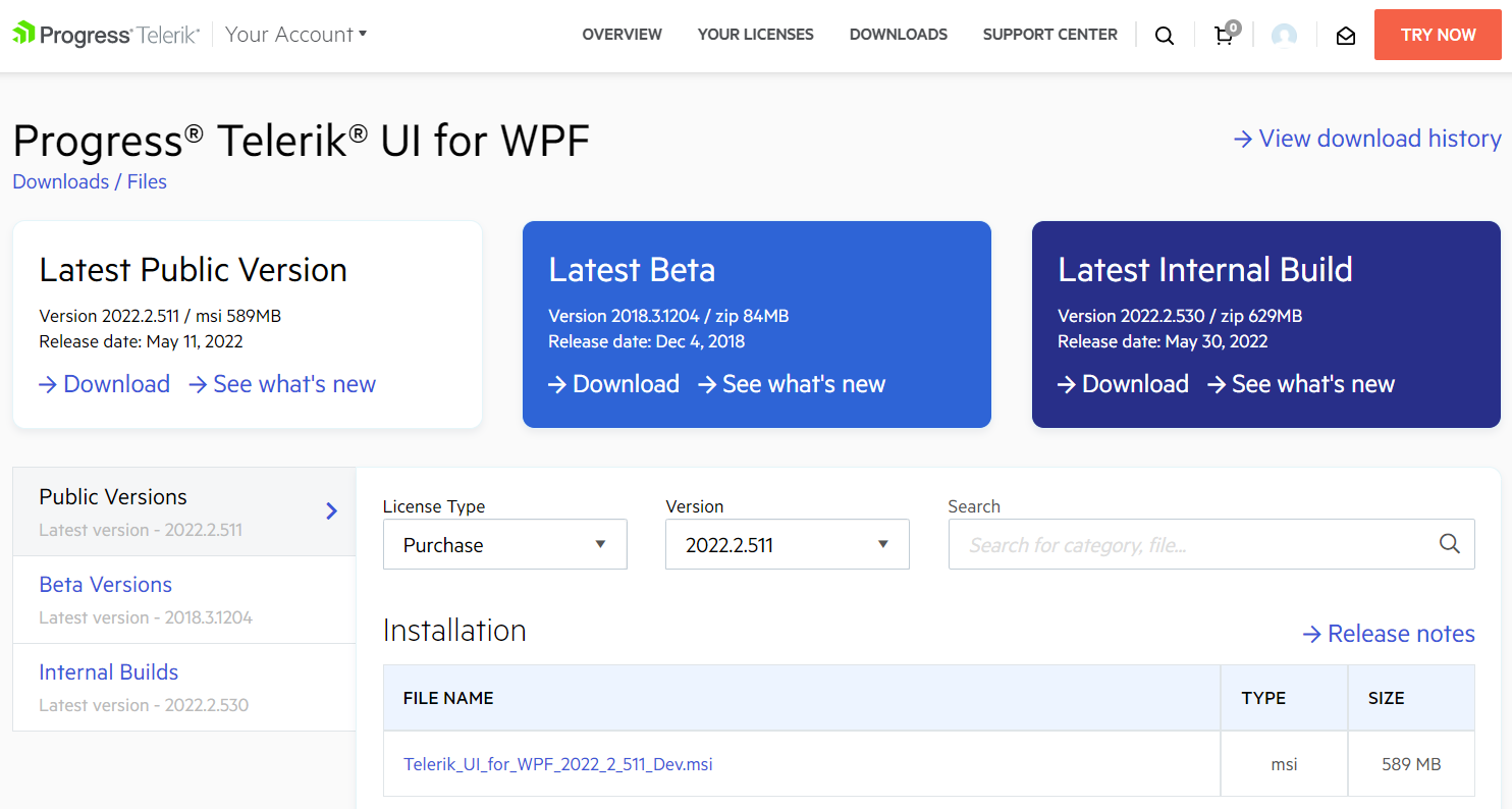 Download automated installer Telerik_UI_for_WPF_<version>_Dev.msi