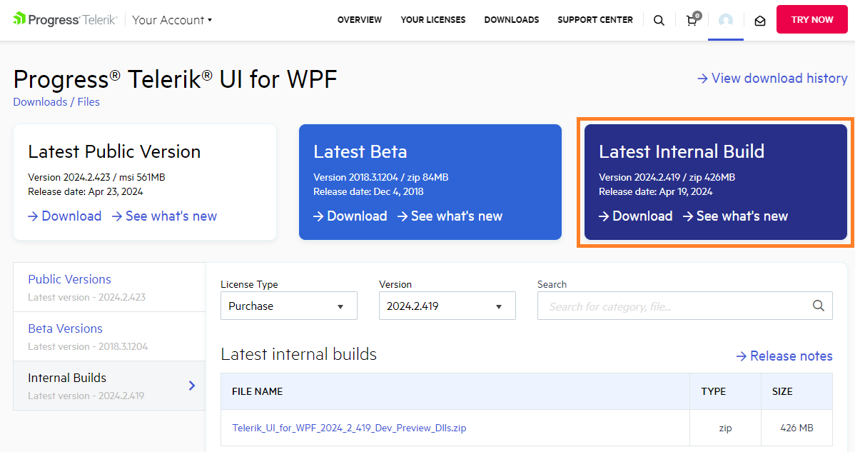 WPF Progress Site Telerik UI for WPF Latest Internal Build Button