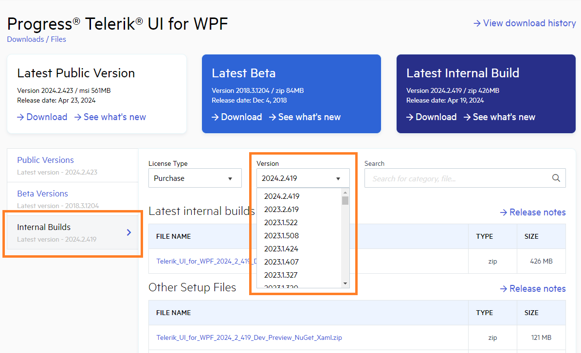 WPF Progress Site Telerik UI for WPF Internal Builds Tab