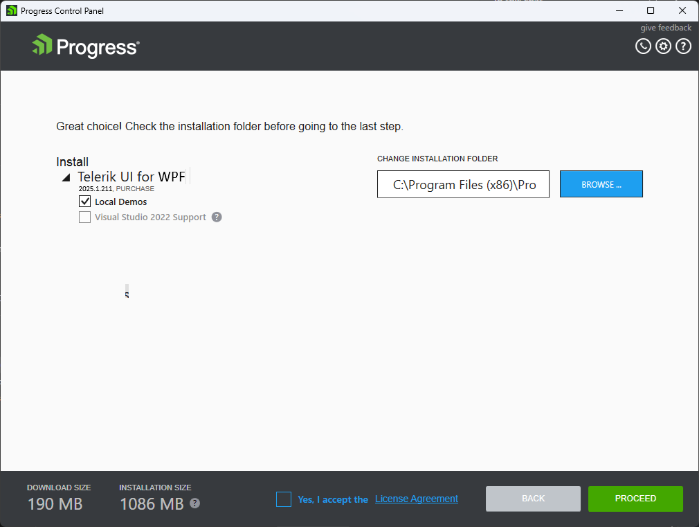 The Progress Control Panel Installation Configuration Page