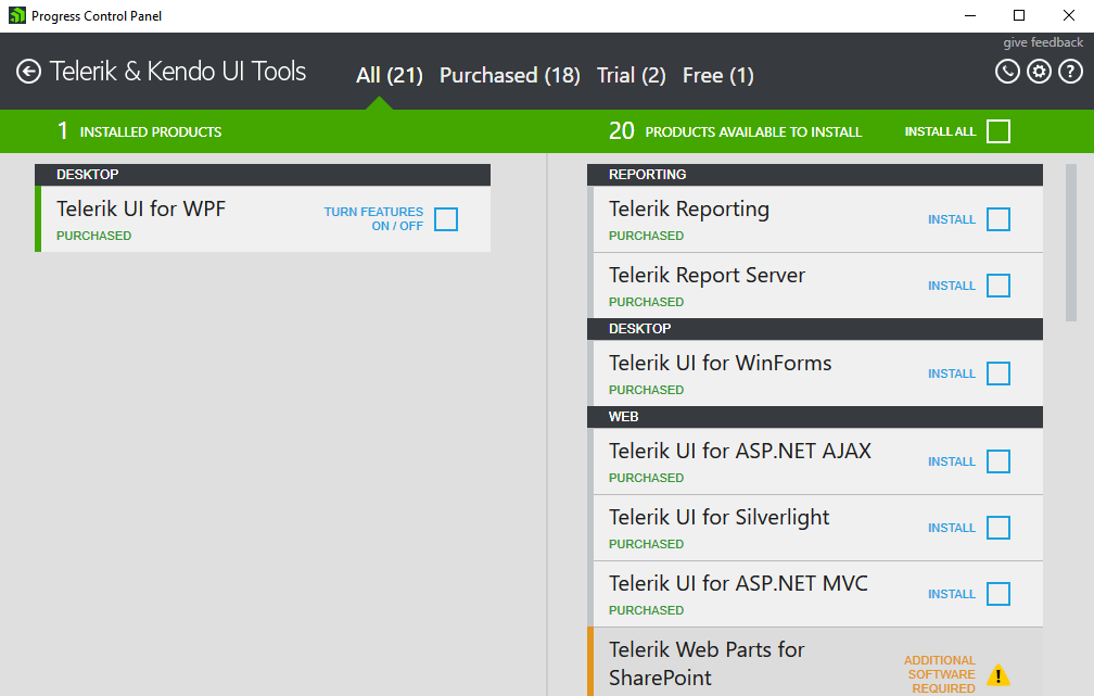 The Progress Control Panel with Telerik UI for WPF Installed