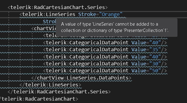 WPF RadChartView Compile Time Error XLS0503 Value of type LineSeries Cannot be Added