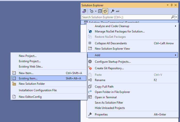 A picture showing the Visual Studio Add Existing Item menu option