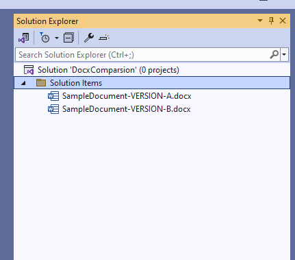 A picture showing two Word documents added in the Visual Studio solution