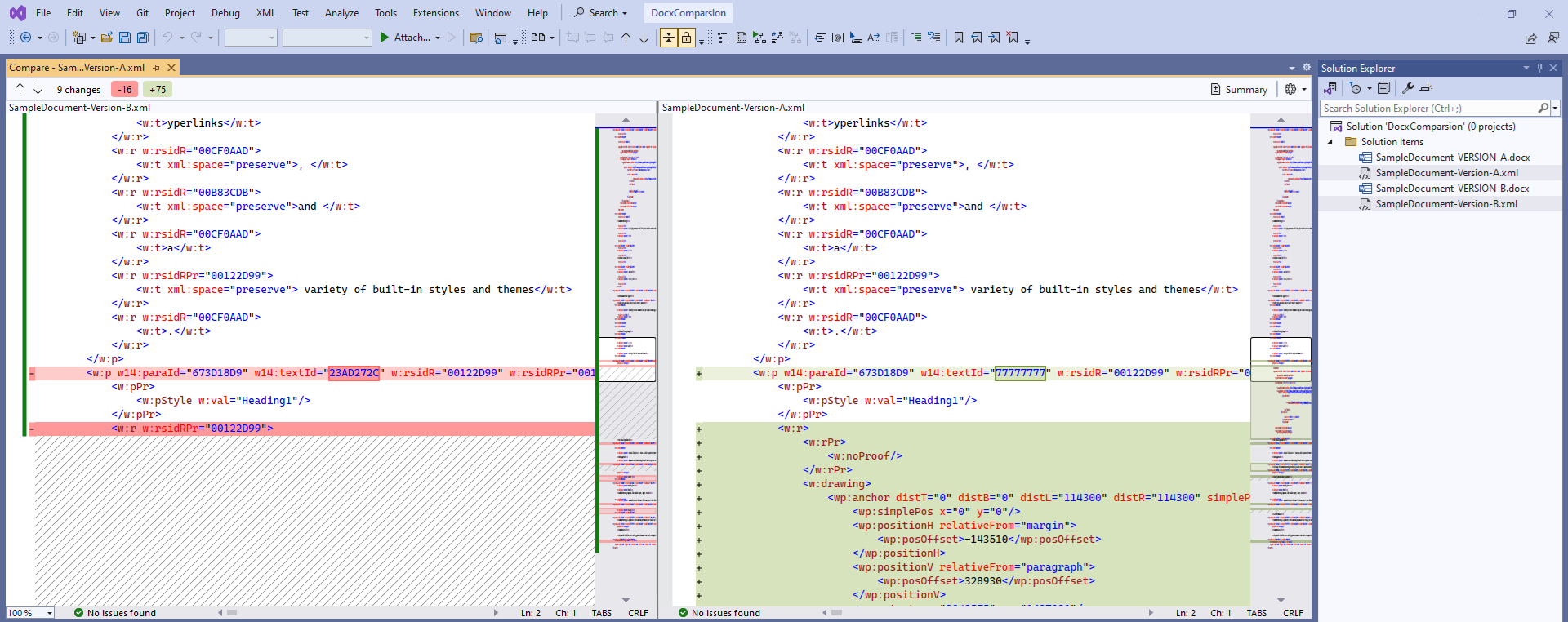 A picture showing the diff tool of Visual Studio comparing the two .xml files