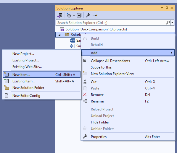 A picture showing the Visual Studio Add New Item menu option