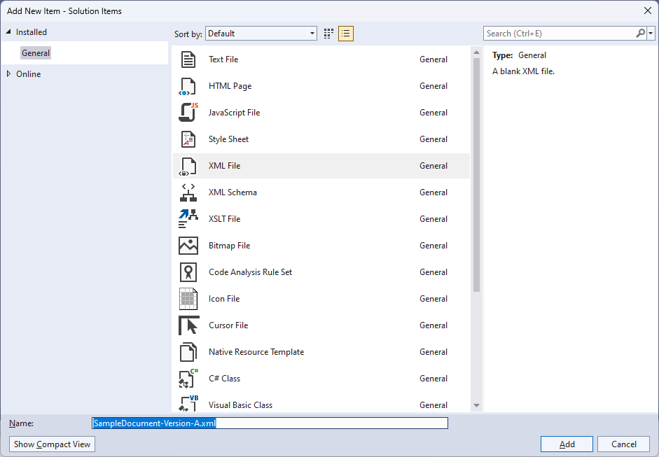 A picture showing the New File window in Visual Studio with the XML File selected