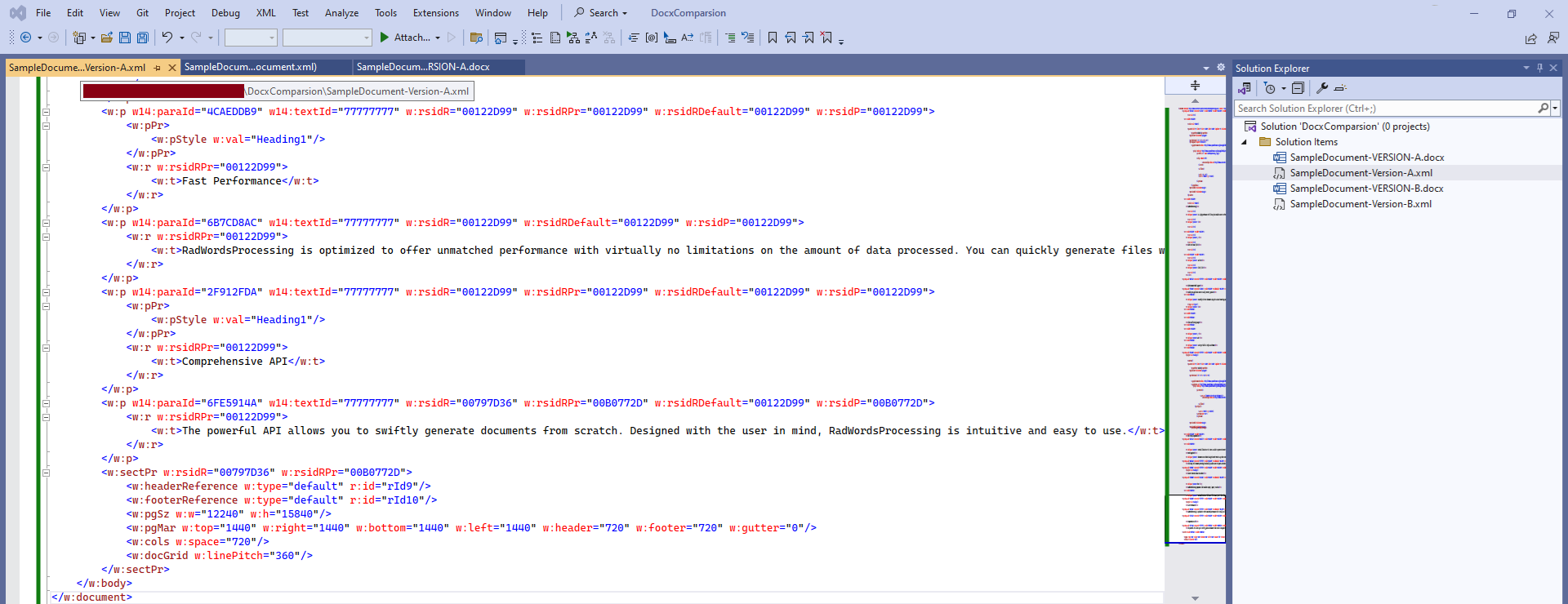 A picture showing the documents.xml contents moved in the newly created xml file