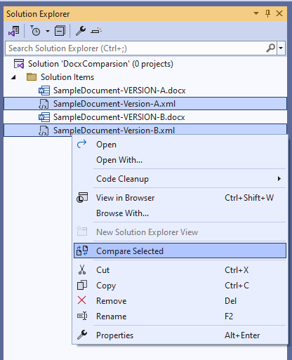 A picture showing the Compare Selection menu option in Visual Studio