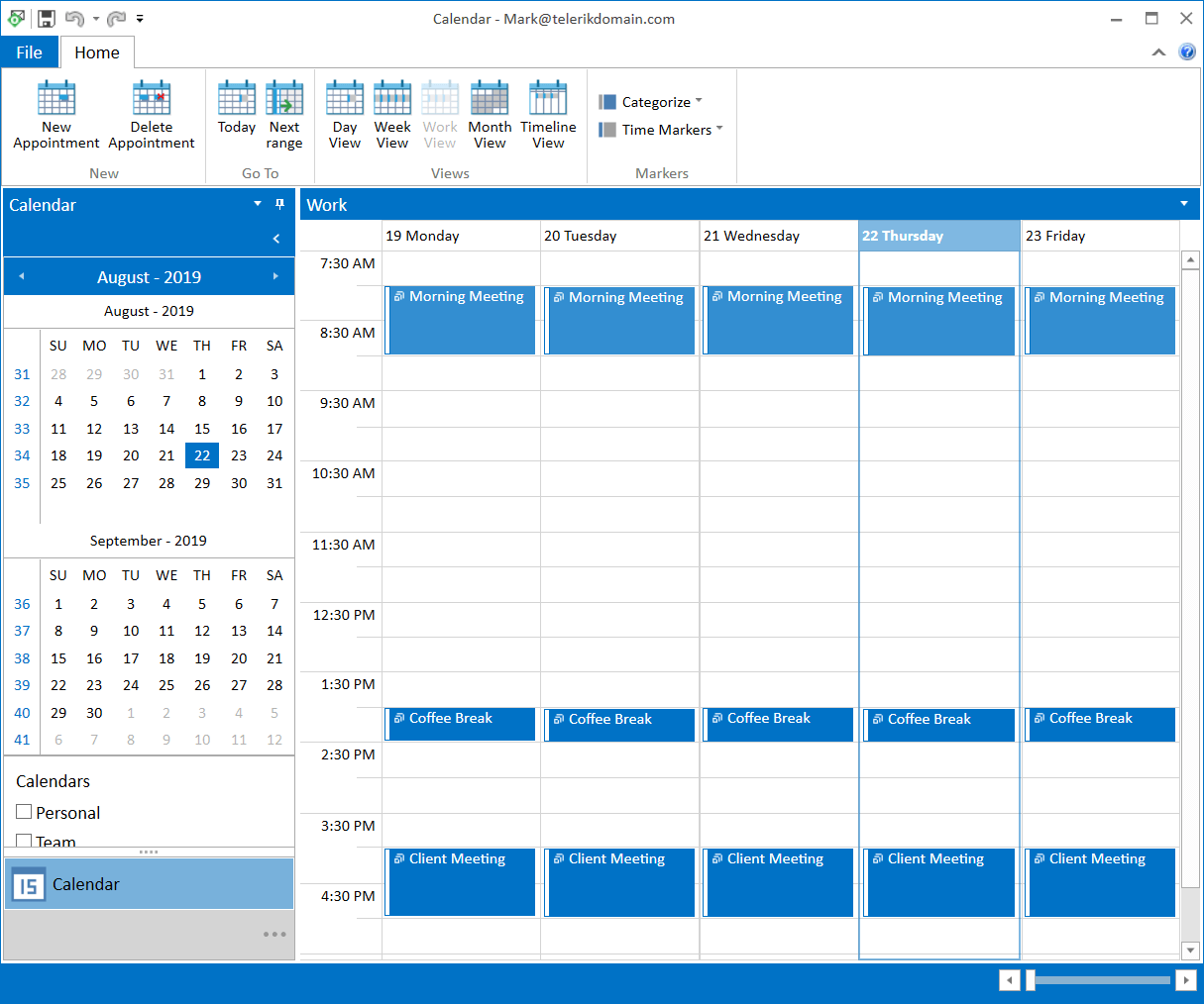 WPF Calendar application created with the New Project Wizard
