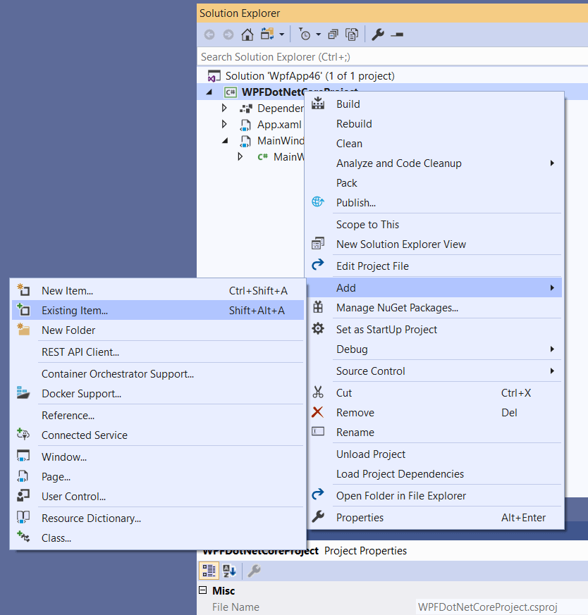 WPF Add Existing Items To Project