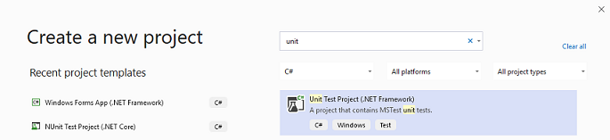 Create new Unit Test project window