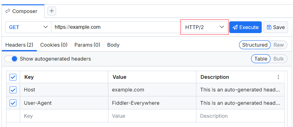 HTTP Versions drop-down