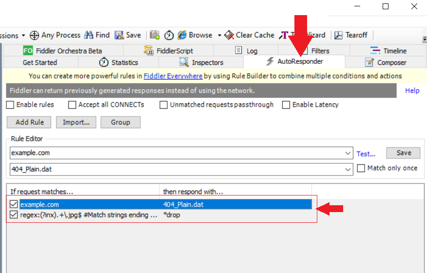 AutoResponder rules in Fiddler Classic