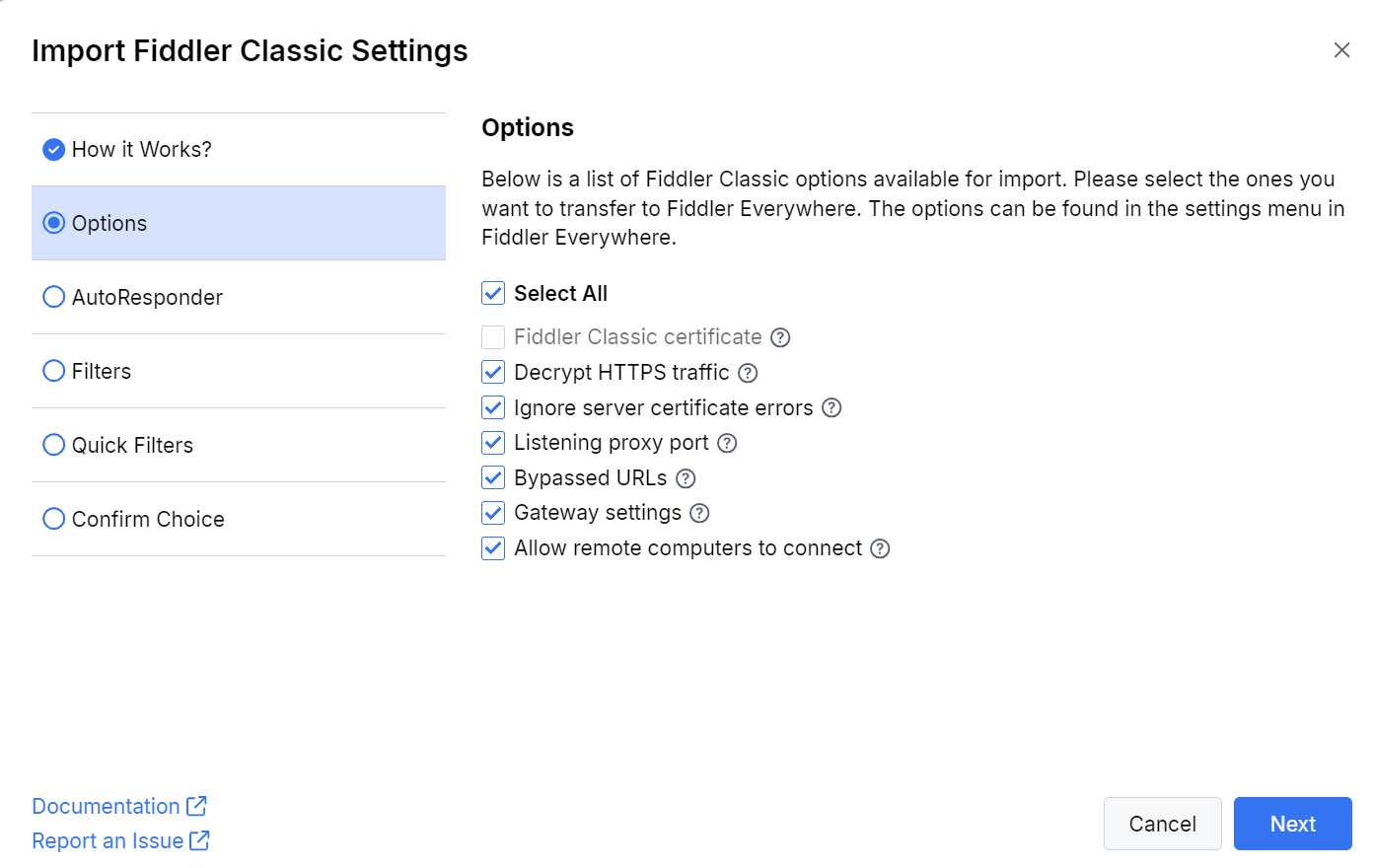 import configuration options