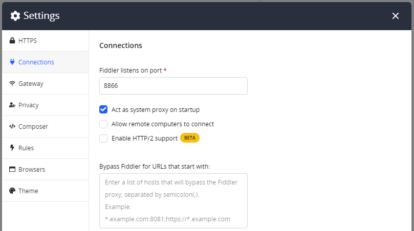 default Connection settings