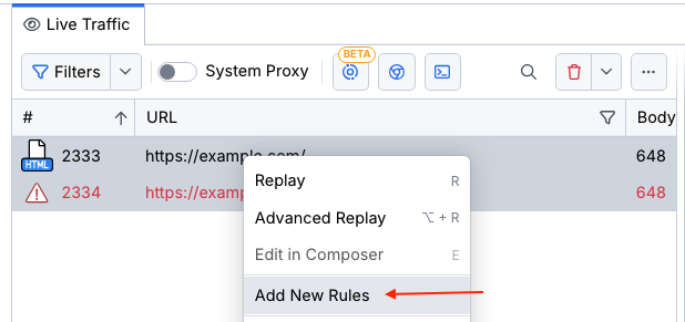 create new rules from captured traffic