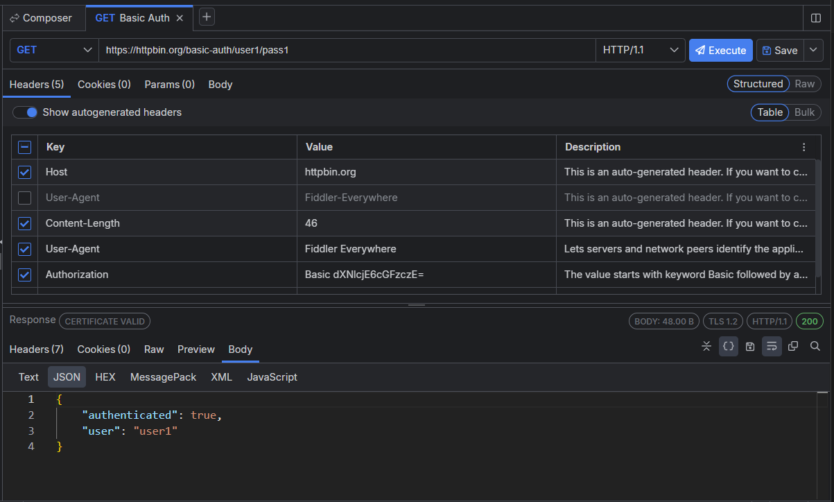 Full API request demonstration the testing a basic authentication request