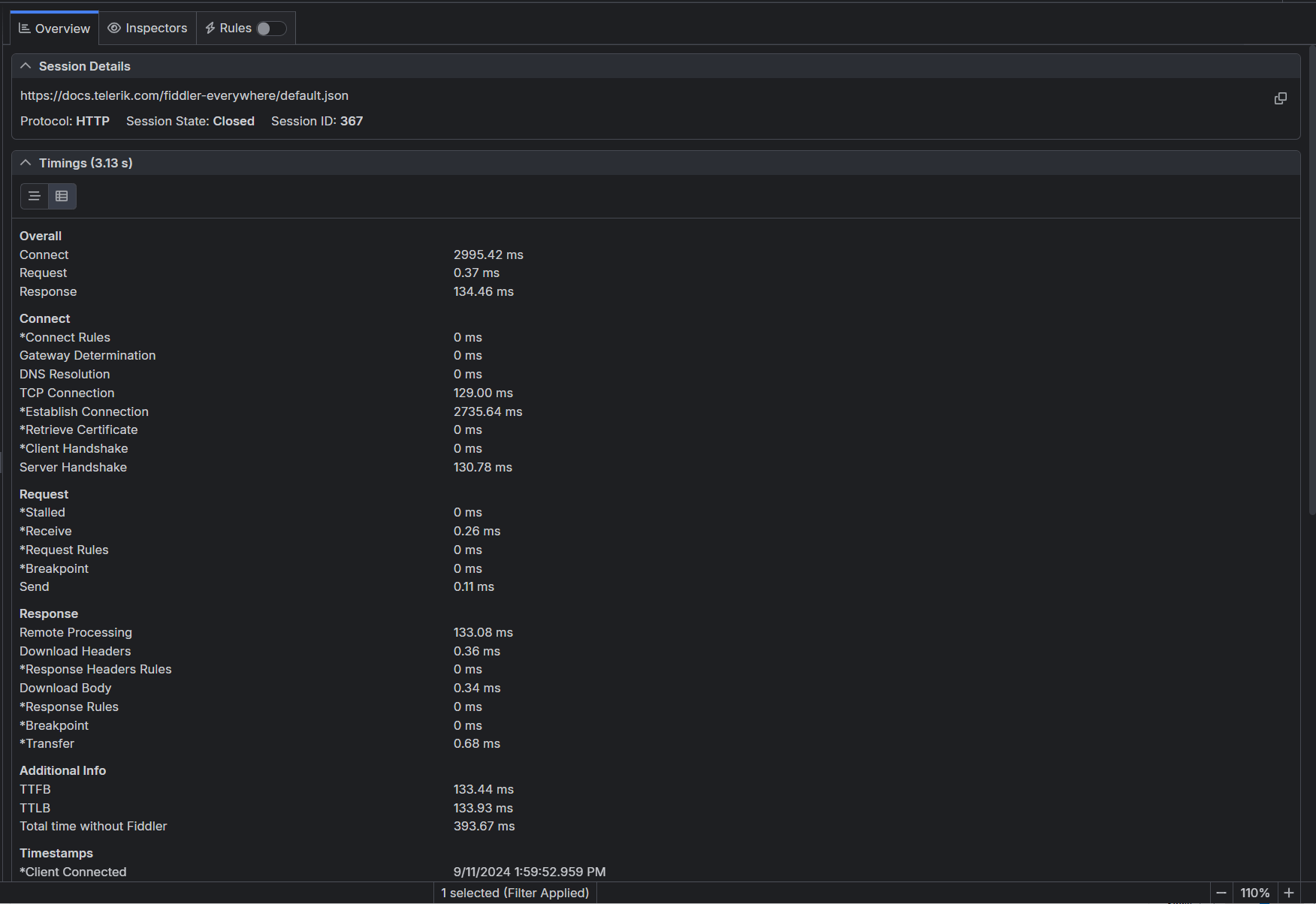 Timeline section for a single session