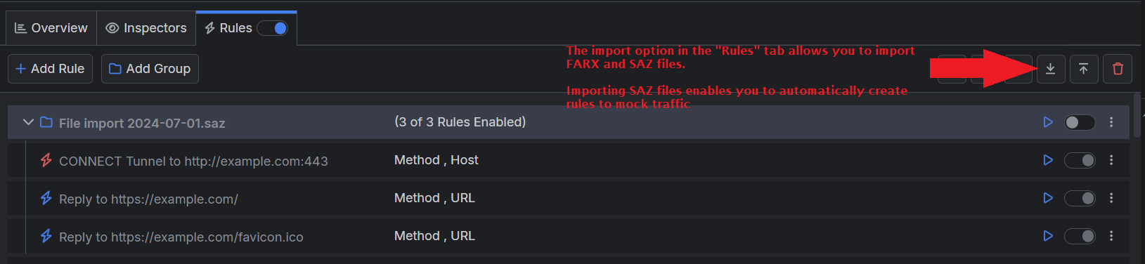Loading SAZ in RUles tab to automaticaly created a set of new rules