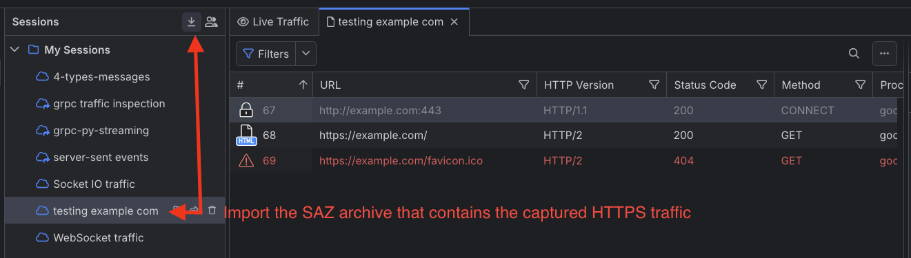 Loading SAZ archive with captured traffic