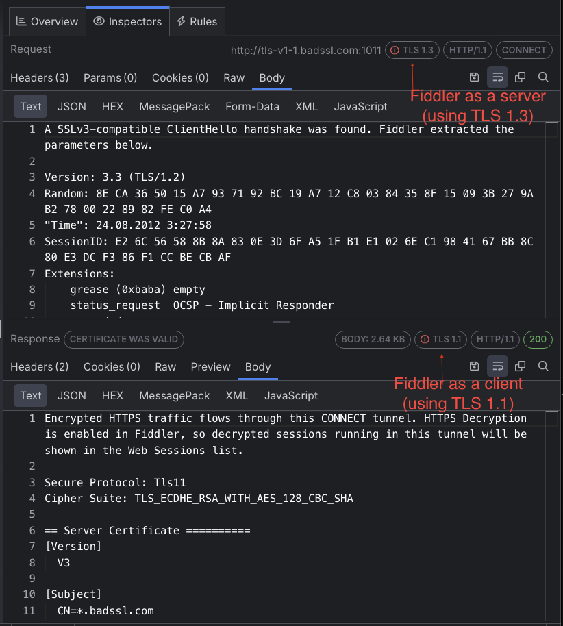 Fiddler shows the TLS change in the inspectors