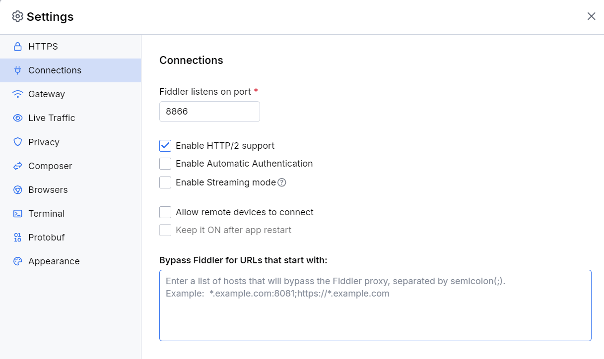 default Connections settings