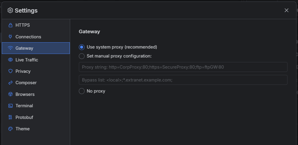 Example manual proxy configuration