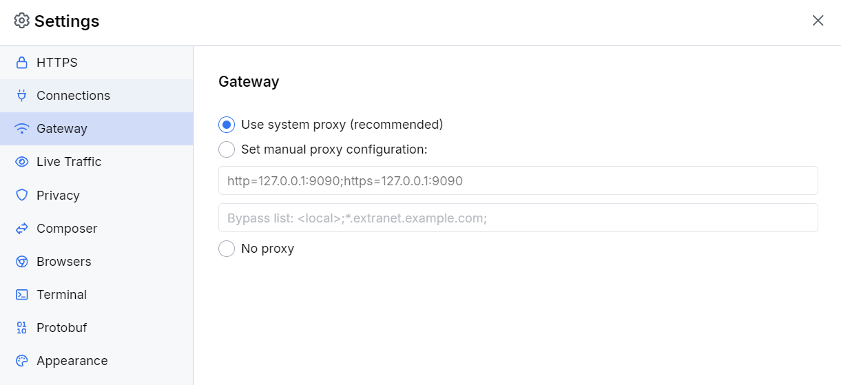 Example manual proxy configuration