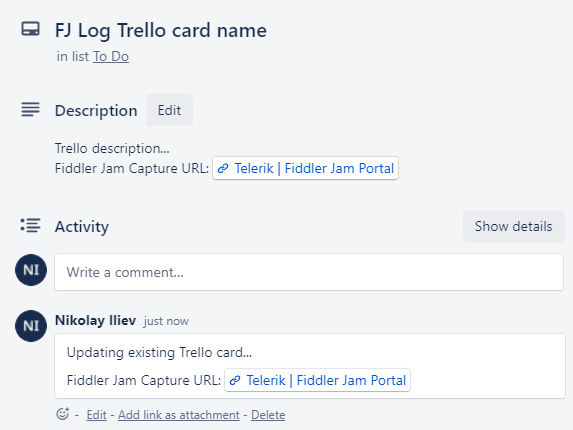 An updated Trello task result