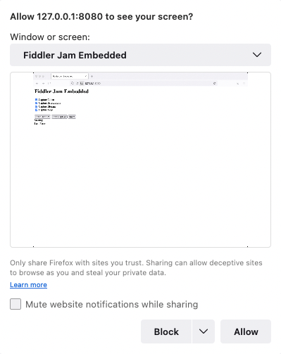 Choosing the Fiddler Jam Portal window in Firefox as a recording option