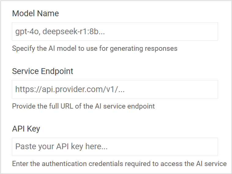 An image of the Model Name, Server Endpoint, and API Key fields