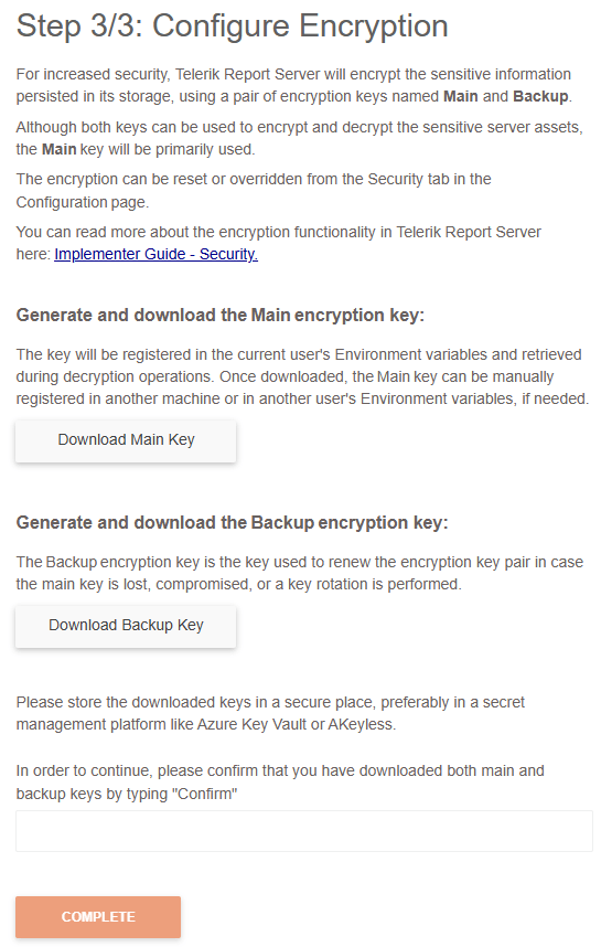 The Encryption page of the Report Server Configuration with the buttons to download the encryption keys.