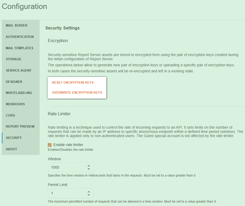 Buttons to reset or upload the encryption keys in the Report Server Configuration page.