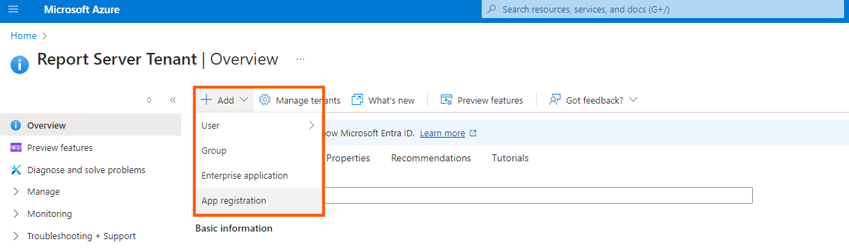 The step where the Report Server for .NET application is registered in Azure.