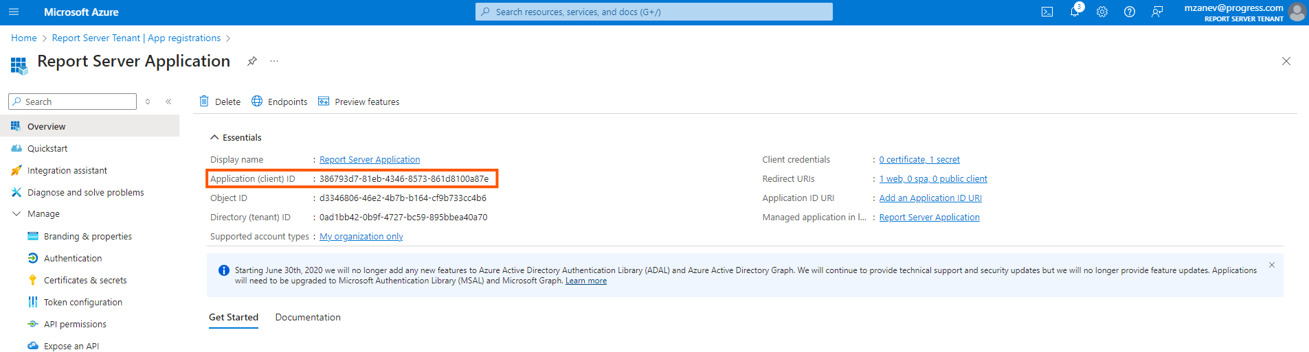 The Report Server Application page in the Azure portal where the application (client) ID is located.