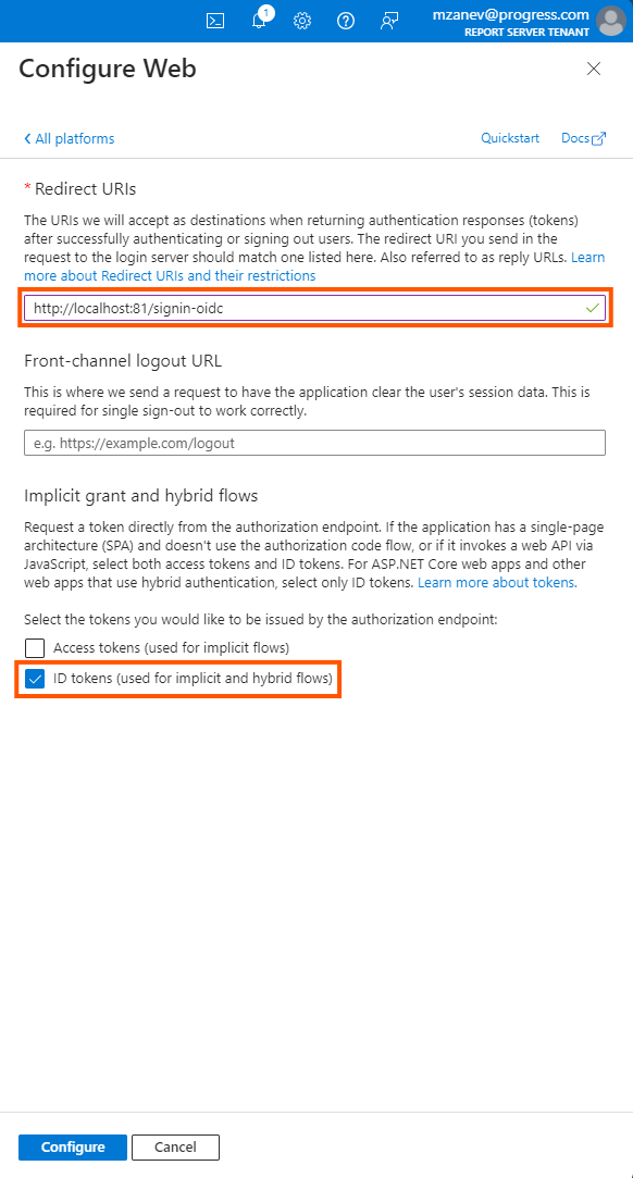 Configuring a redirect URL and the token settings for authentication between the Report Server and Azure.