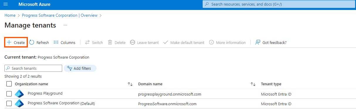 Location of the Create button on the Manage Tenants page in the Azure portal.