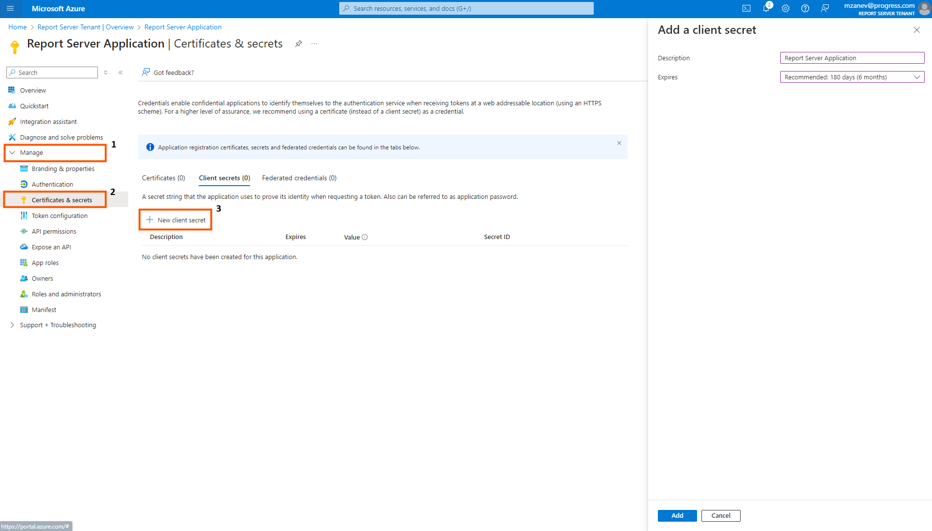 Triggering the creation of new client secret in the Azure portal.