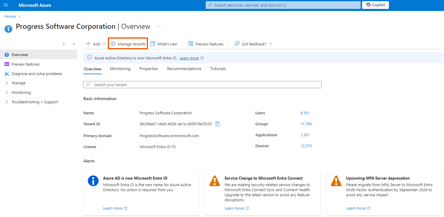 Location of the Manage Tenant button in the Azure portal.