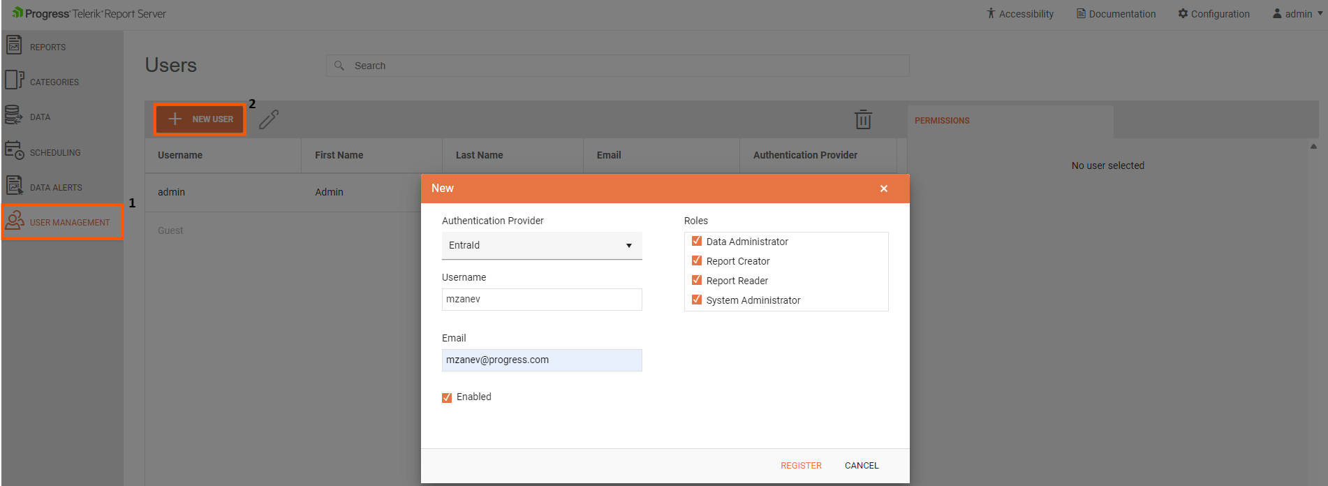 Creating an user with EntraID authentication in the Report Server for .NET Application.