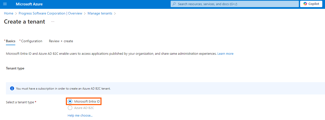The Create a tenant page with Microsoft Entra ID as the selected type.