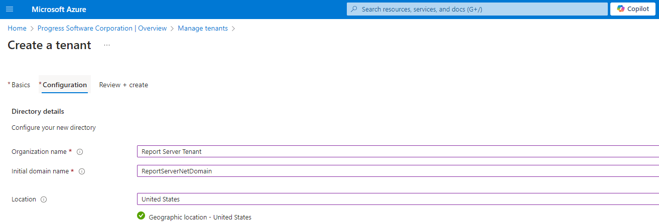 The configuration step of creating a tenant with sample directory details.