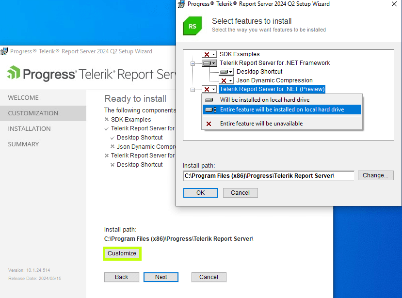 Use the button Customize to allow installing the Report Server for .NET
